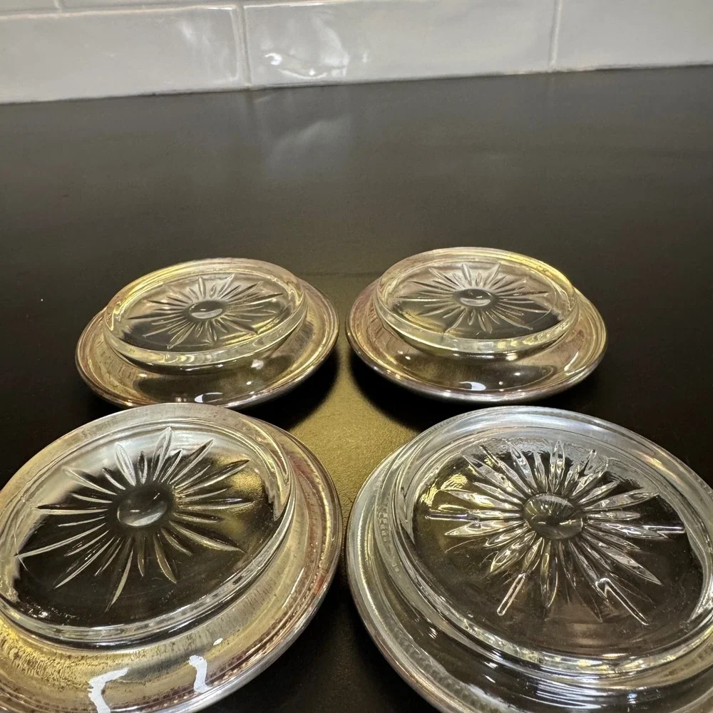 Frank M Whiting Coasters Set of 4 Silver Beaded Rim Starburst Glass Vintage 4in
